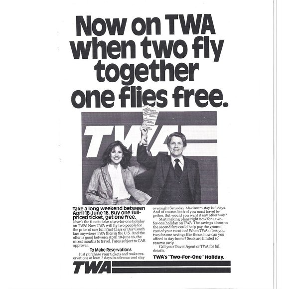 TWA Two for One Holiday Flight Airlines Advert 1970s Vintage Print Ad 9 inch - Picture 1 of 2